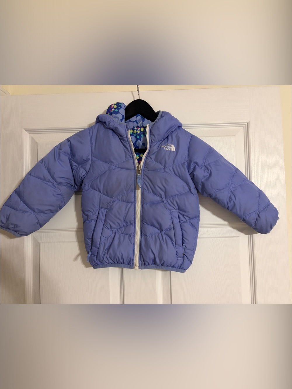 The North Face Girls Moondoggy Reversible Down Puffer Jacket Blue Dot 2T